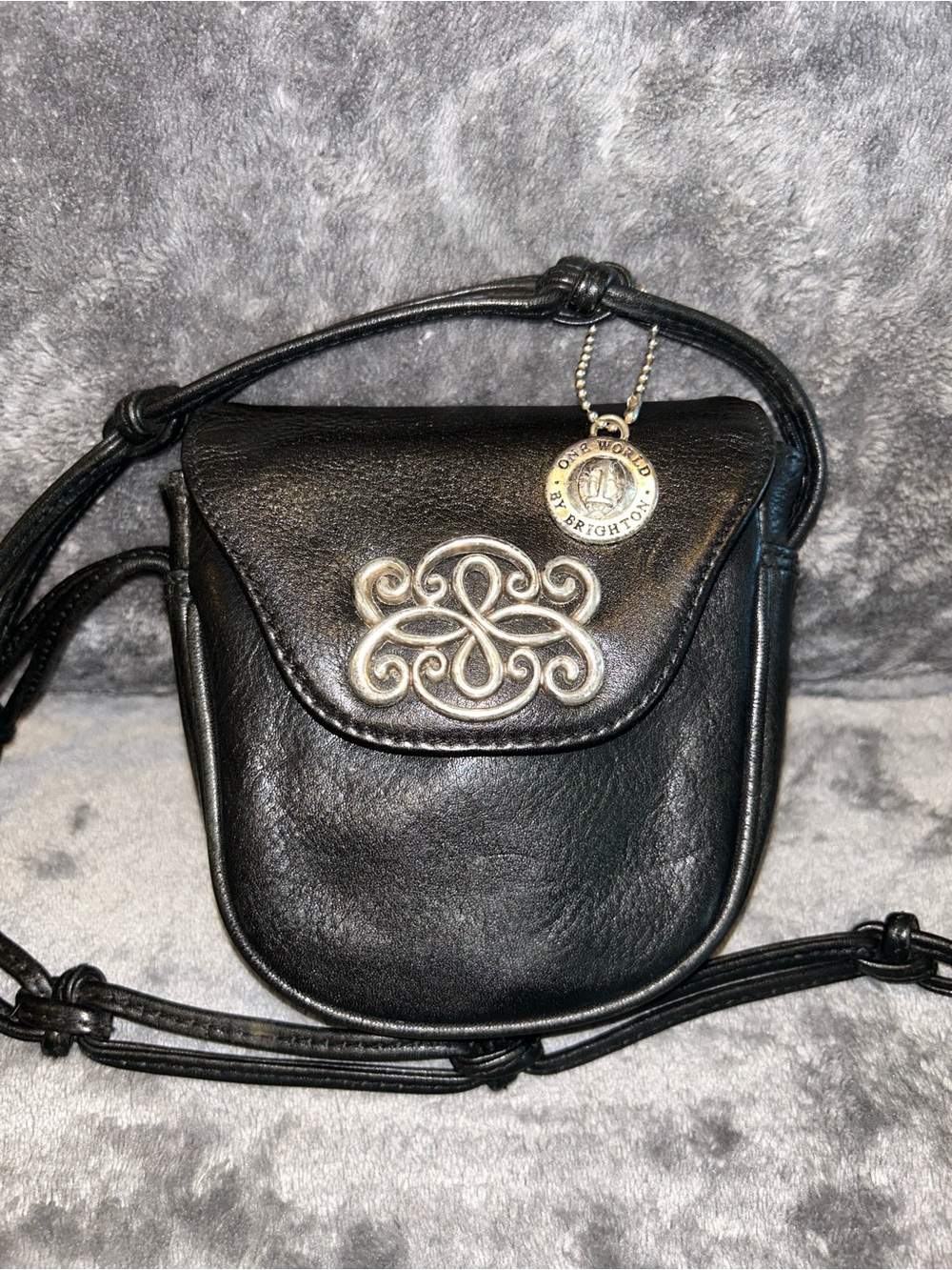 Vintage One World Brighton Black Leather Crossbody with Silver Scroll and charm